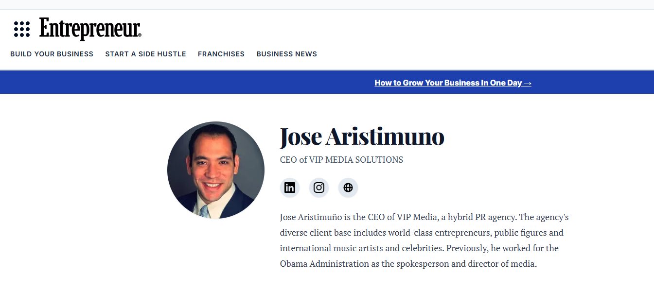 Jose Aristimuno contributor profile on Entrepreneur, CEO of VIP Media Solutions